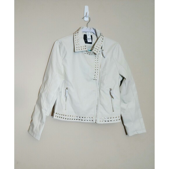 NWT NYC Washable Faux Leather Graphic Moto Jacket Drive Guitar Ivory Studded Med - Picture 2 of 9